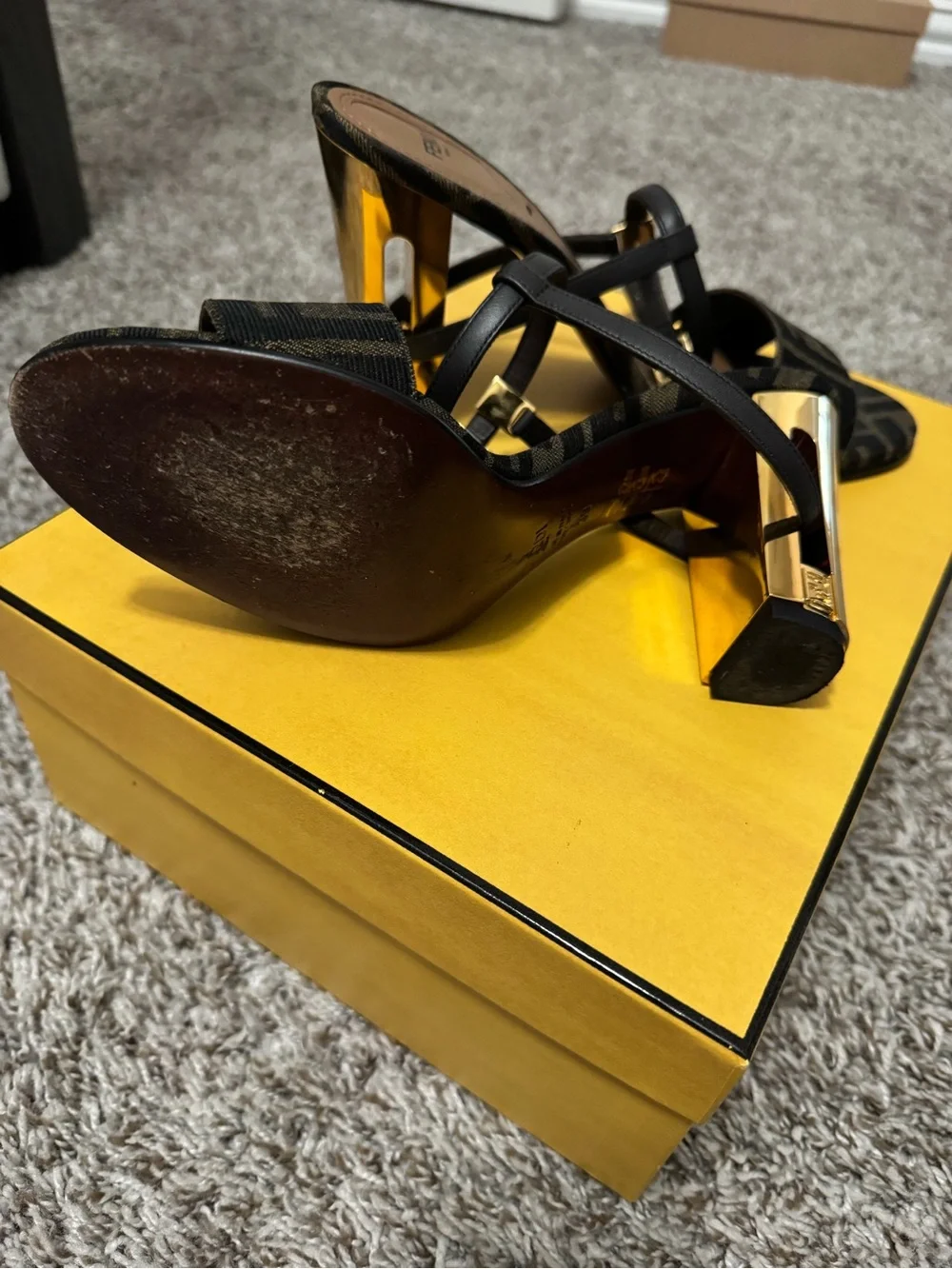 Fendi Black and Gold FF Logo Block Heel Sandals - Picture 4 of 4